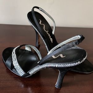 Nina Gianna Heeled Black Satin and Rhinestone Sandals